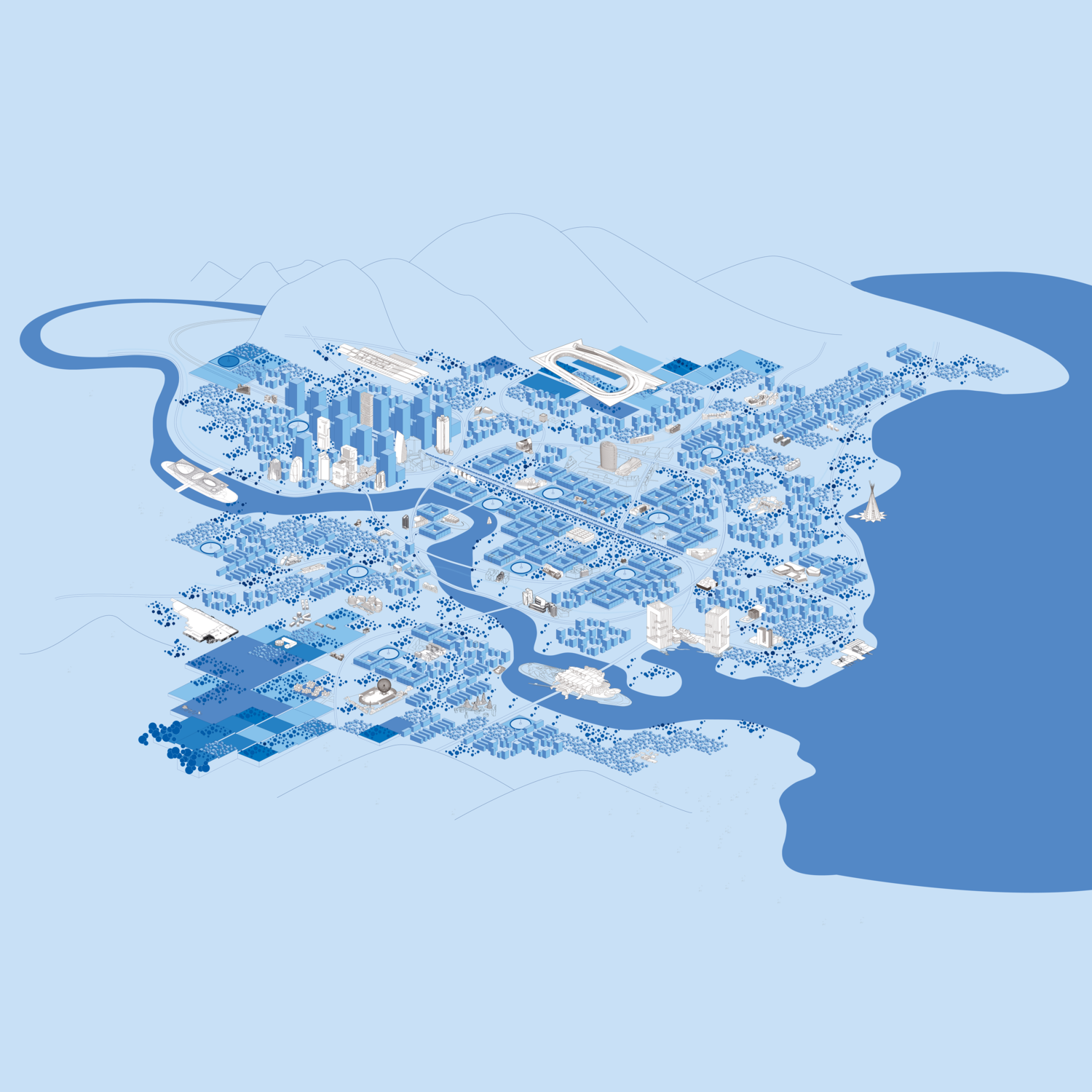 Map, On a cr&eacute;&eacute; une ville virtuelle, Loci city, compos&eacute;e de tous les projets [construits, imagin&eacute;s ou] perdus. Chacun d&rsquo;eux y trouve sa place. Ainsi la recherche et le travail effectu&eacute; sur ces b&acirc;timents virtuels perdurent au fur et &agrave; mesure que cette ville prend forme au fil du temps. Au moins cette cit&eacute; virtuelle compte d&rsquo;ores et d&eacute;j&agrave; parmi ses &eacute;quipements un TGI et un hippodrome tandis que la tour Tipi a trouv&eacute; sa place au bord de la mer. &laquo;Chaque projet &agrave; une histoire&raquo;, souligne Fran&ccedil;oise Raynaud. &laquo;Je fais un peu d&rsquo;anthropomorphisme avec mes b&acirc;timents, j&rsquo;ai un rapport &agrave; l&rsquo;objet qui n&rsquo;est pas d&eacute;nu&eacute; de sentiments&raquo;, ajoute-elle. Une promenade dans Loci City, m&ecirc;me en touriste, en t&eacute;moigne abondamment. Christophe Leray, Chroniques d'Architecture — © Loci Anima